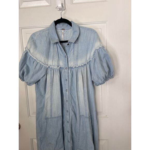 Free People Dress Women's Medium Blue On The Road Puff Sleeve Maxi Shirt Dress - Picture 4 of 9